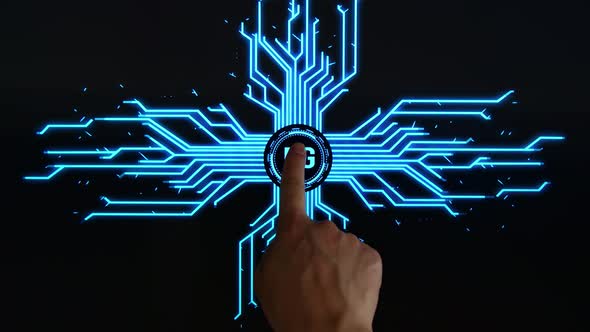 Human Finger Pushes Touch Digital 5G Button With Futuristic Artificial Intelligence