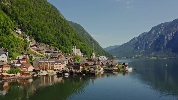 Panoramic View of the Hallstatt Located on the Lake at the Foot of Mountains