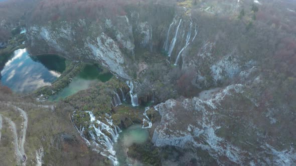 Amazing aerial of waterfalls and lakes, Plitvice