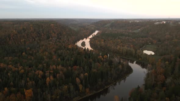 Scary Halloween Flight Out Over Beutiful River Valley in Europe