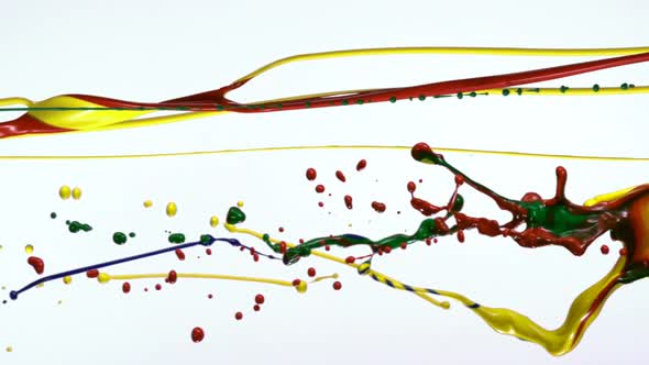 Yellow,red, blue and green liquid strands, Slow Motion