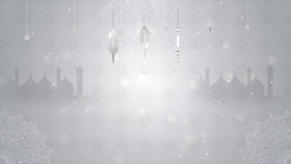 Beautiful 4k eid mubarak islamic white background with hanging ramadan candle lantern and mosque.