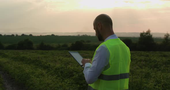 Agricultural Industry. A Male Farmer with a Digital Tablet in a Field at Sunset. Agronomist Uses