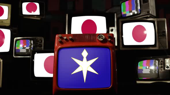 Flag of Chiba Prefecture and Japan Flags on Retro TVs.