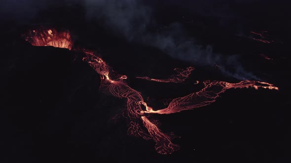 Drone Flight Over Glowing Lava Flow From Erupting Fagradalsfjall Volcano