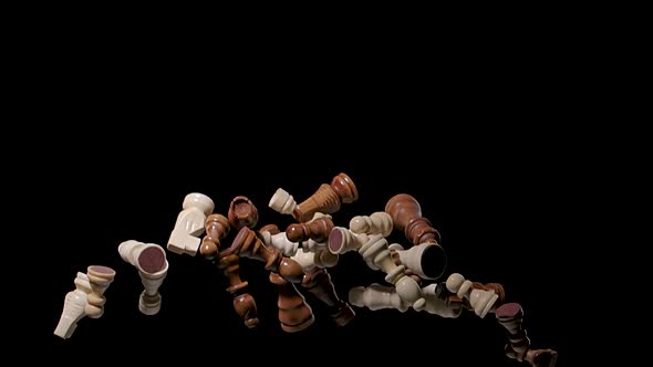 Brown and White Wooden Chess Pieces Fly Up and Fall Down on a Black Studio Background