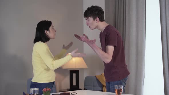 Side View of Adult Caucasian Woman and Teenage Boy Arguing and Gesturing Emotionally Indoors. Son