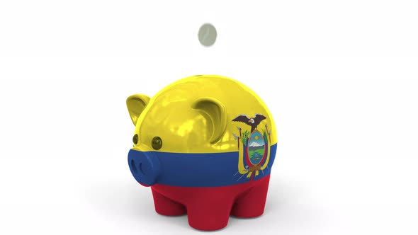 Coins Fall Into Piggy Bank Painted with Flag of Ecuador