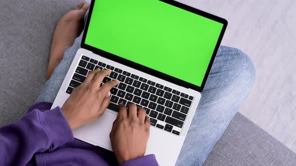 Black Woman Using Laptop Notebook Viewing Green Screen Press Keyboard Browsing Chroma Key