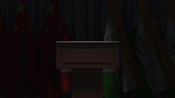 Row of Flags of India and China and and Speaker Tribune alt