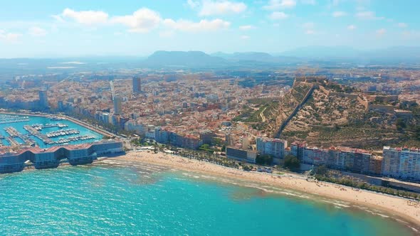 Alicante Spain Aerial View on the City Against the Sea with a View of the Mountain and Fortress