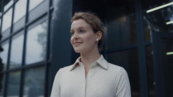 Smiling Woman Teacher Look in Distance Closeup