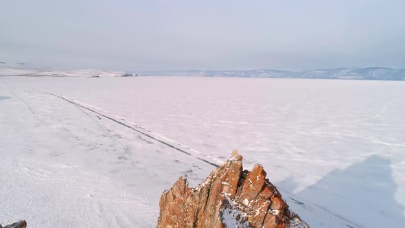 Aerial View on Shamanka Rock on Olkhon Island in the Morning