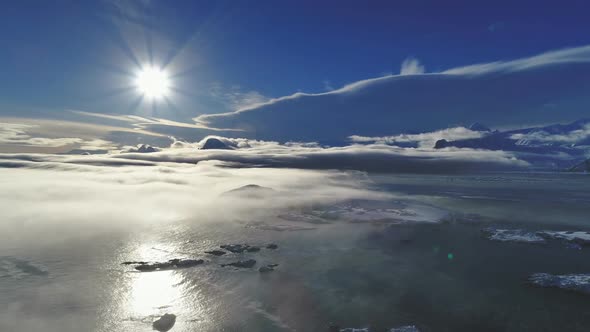 Sun, Sun Path Over Ocean Fog. Aerial Drone Flight