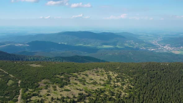 Aerial view of vast mountainous forests. Beautiful nature. (Hrubý Jeseník)