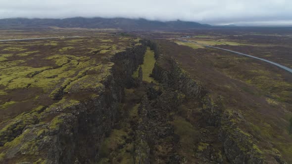 Fissures and Cracks in Thingvellir National Park. Iceland. Aerial View