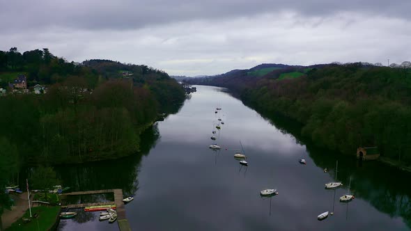 Beautiful aerial view, footage of Rudyard Lake in the Derbyshire Peak District Nation Park, popular