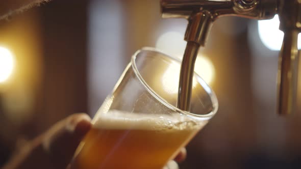 Close Up of Bartender Pouring Beer While Standing at Bar Counter