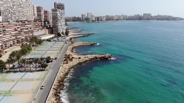 Aerial footage of the stunning coastline beach at Alicante in Spain