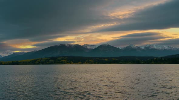 Pan Right of Pyramid Lake at Sunset in Jasper National Park Canada