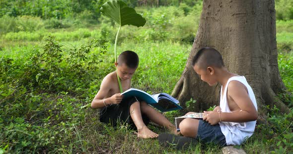 Rural Boys Studying Outdoor alt