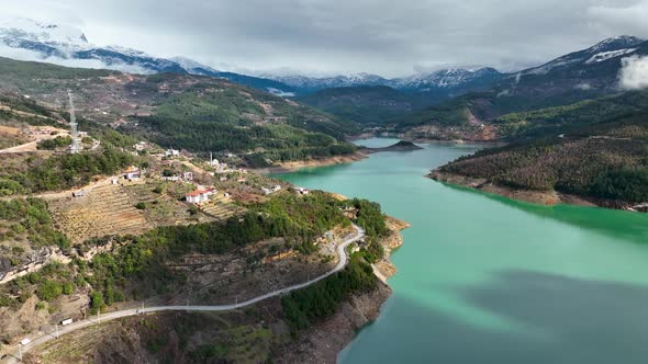 Mountain landscape on a large river aerial View Turkey 4 K