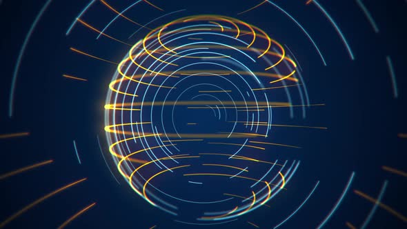 Glowing Sphere of Blue and Yellow Light Beams Technology Background alt
