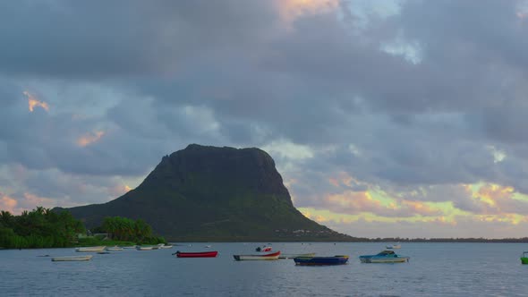 Timelapse of Mountainous Landscape of Mauritius with Indian Ocean and Sunset Clouds