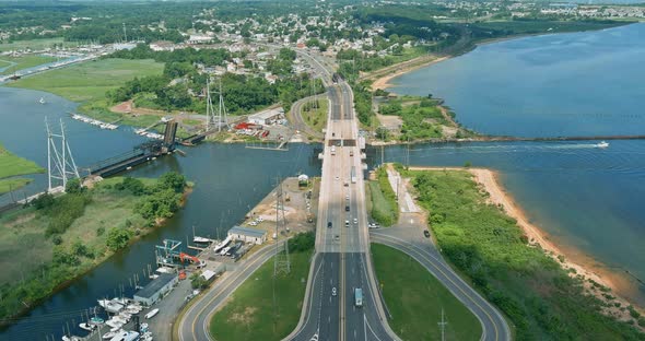 Aerial Drone Panoramic View of Bay Dock Harbor a Common Fishing Area in Old Bridge Town