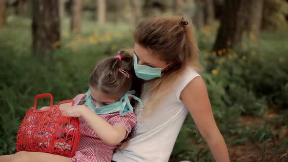 Mother's Day. Girl Kid Parent On Self-isolation Quarantine, Coronavirus. Children In Face Mask.