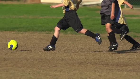 Boys ages 6 to 8 playing in a youth soccer league game.