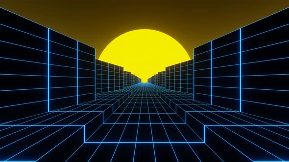 Abstract Retro Blue Neon Road with Buildings and Yellow Sun