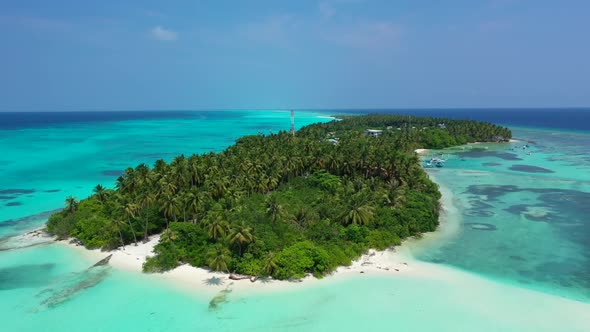 Aerial top down sky of exotic tourist beach vacation by blue sea with white sand background of a day