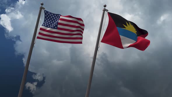 Waving Flags Of The United States And The Antigua And Barbuda 4K