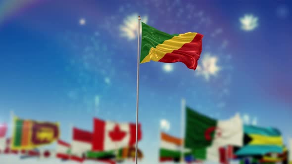Congo Republic Flag With World Globe Flags And Fireworks 