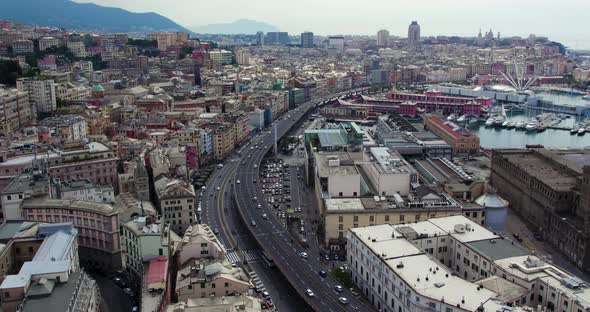 Cityscape drone view of Genoa metropolitan city, important Mediterranean seaport