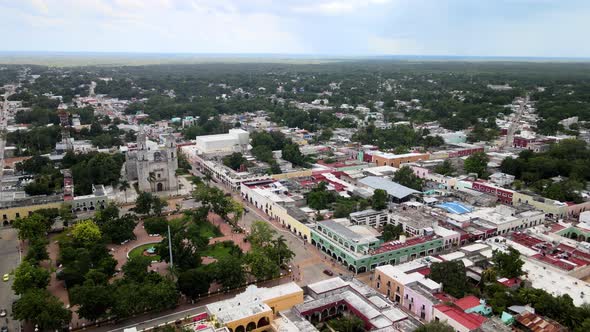 Aerial shot of main park in Valladolid Yucatan Mexico
