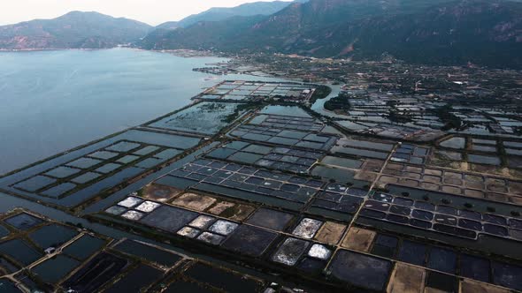 Aerial, Vietnamese salt mine fields along ocean coast in Ninh Thuan Province