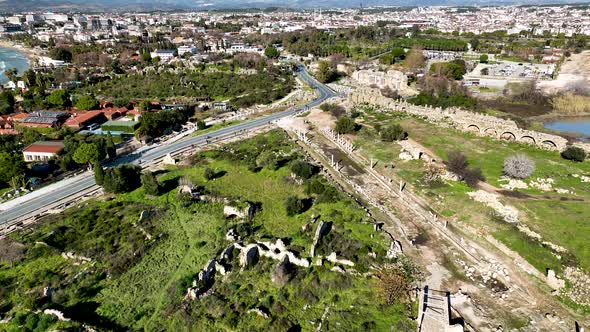 Ruins of an ancient city aerial view 4 K Turkey Side