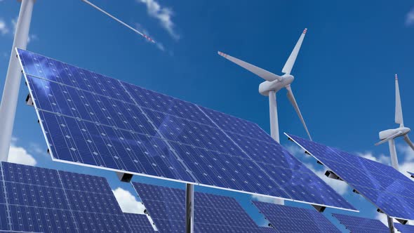 Solar Panels and Wind Turbine Generators Against Skyline Timelapse Loop