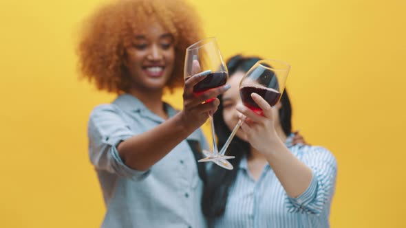 Cheers. Two Young Multiethnic Friends, Toasting with Wine Glasses, Best Friends and Celebration