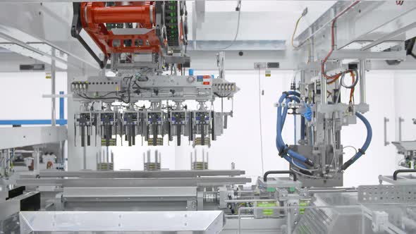 Automated machine. Industrial factory. Robotic equipment. Pharmaceutical factory.