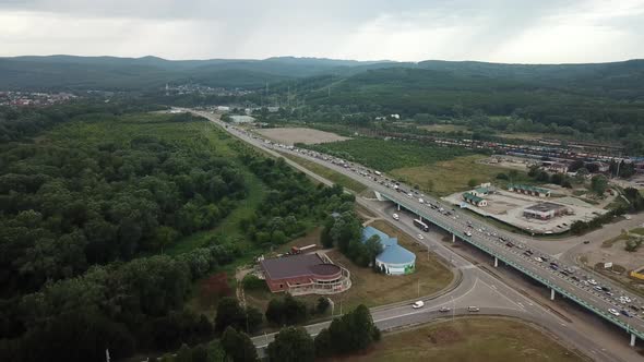 Aerial View of Freeway Busy Rush Hour Heavy Traffic Jam Highway