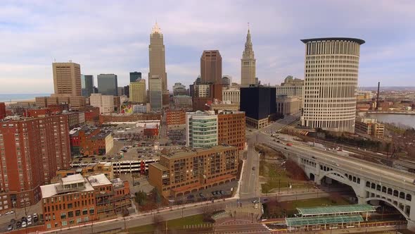 Cinematic drone shot of downtown Cleveland Ohio