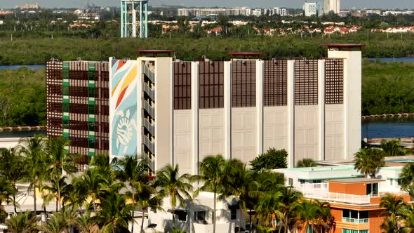 Aerial telephoto footage Hollywood FL municipal parking garage