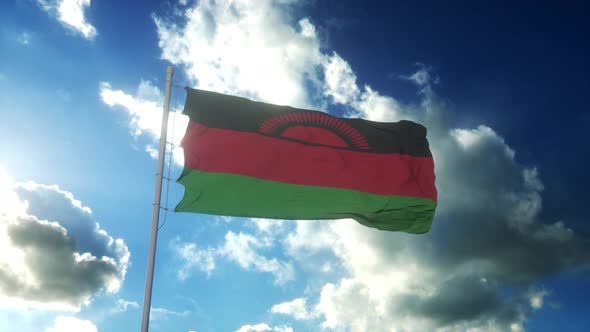 Flag of Malawi Waving at Wind Against Beautiful Blue Sky