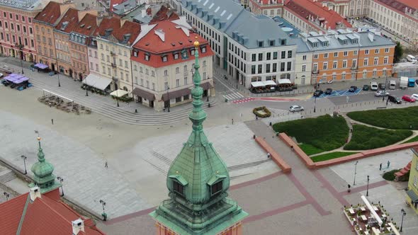 Aerial view of the Sigismund's Column statue on Castle Square in Warsaw, Poland