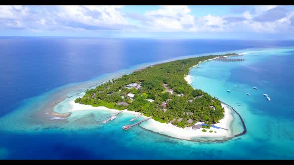 Aerial top down travel of tropical lagoon beach lifestyle by transparent water and white sand backgr