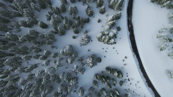 High angle drone shot of winding road in the winter woods, Oregon, USA