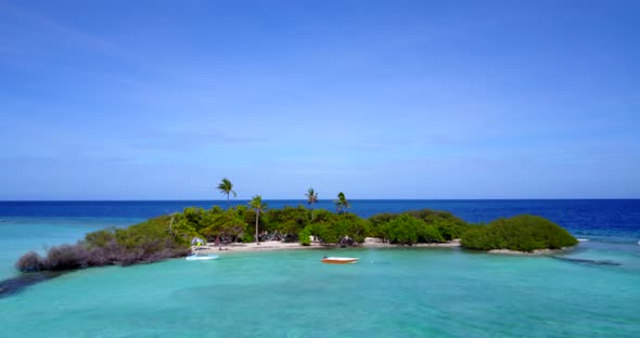 Daytime flying copy space shot of a summer white paradise sand beach and turquoise sea background